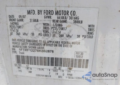2008 Ford F-150 Stx/Xl/Xlt z USA, uszkodzony, nr VIN 1FTRF12278KB62878